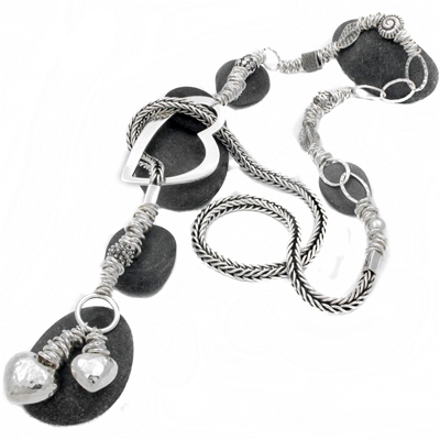 Aphrodite chunky long silver hearts necklace